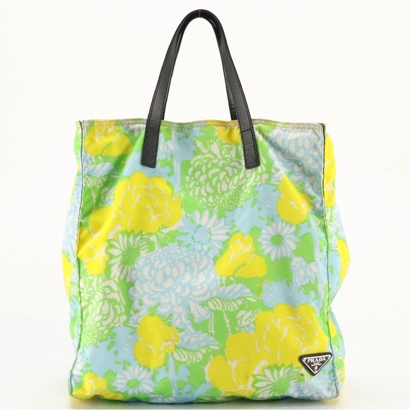 Prada Chrysanthemum Floral Print Nylon Tote Bag with Black Saffiano Leather Trim - Picture 1 of 9
